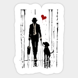 Ink Sketch Bond: Man, Dog, and a Rainy Heart Sticker